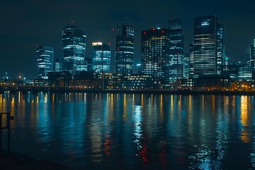 Aerial drone night shot from iconic Canary Wharf illuminated skyscrapers business and financial area, Docklands, Isle of Dogs, London, United Kingdom