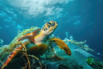 Obraz premium A sea turtle is entangled in plastic debris underwater, an environmental problem, animals suffer from human actions. Pollution of the sea.