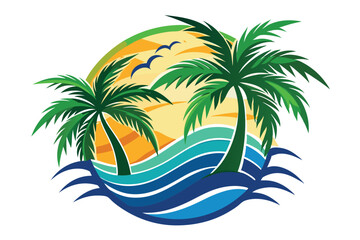 Two Palm Trees on a Sandy Beach with Blue Waves and Birds Flying Overhead