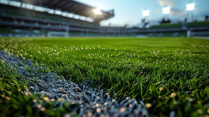 Lush Green Grass Field Under Stadium Lights During Evening Football Match. Generative AI