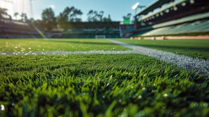 Close-Up View of Lush Green Grass on a Sports Field During a Sunny Afternoon. Generative AI