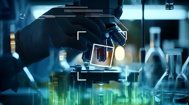 Hand and microscope in research in the lab. Seamless loop video background