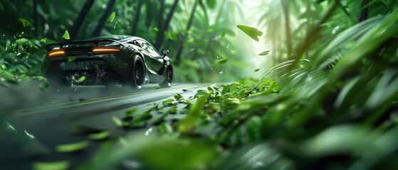 In a futuristic forest, an animal watched as a car with diamondstudded wheels sped fast toward a hightech home