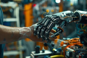 A human adjusting a robot's settings, Ai generated