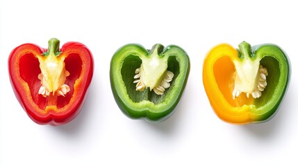 Trio of halved capsicums in red, green, and yellow, showing their unique textures and seeds. Cleanly isolated on a white background for emphasis