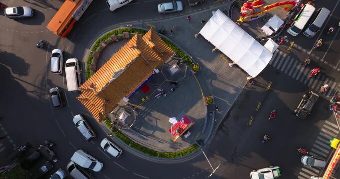 An aerial view of the Chinatown Gate or Odeon Circle, The most famous tourist attraction in Bangkok, Thailand.