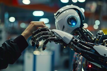 Fototapeta premium A hand holding a small robot, A human adjusting a robot's settings, Ai generated