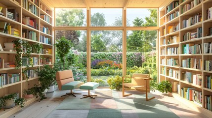 Fototapeta premium A home library with a bright, Scandinavian summerhouse design, featuring light wood, pastel colors, and large windows overlooking a garden.