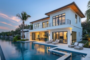 Contemporary two-story house with white walls, large windows, wooden accents, backyard pool area, lush greenery, palm tree, lounge chair at dusk, touch screen TV, ambient lighting, Canon EOS R5