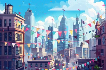 Obraz premium Street scene with buildings adorned with colorful flags, A fantasy city skyline with whimsical architecture and magical elements, AI generated