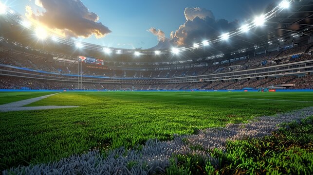 Sunset Over an Empty Stadium Field During Rugby Match Preparation in Autumn. Generative AI - Powered by Adobe