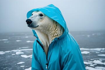 Fototapeta premium polar bear in blue hooded raincoat outside