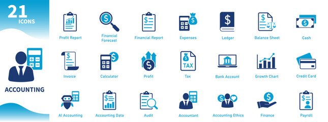 Accounting icon. Set of flat icons on finance, money management, calculations, office work, business, taxes, financial reports