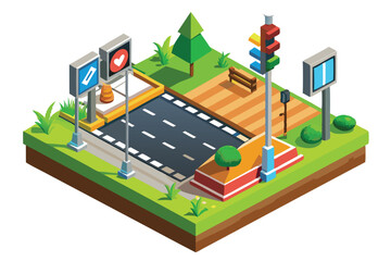 Isometric Illustration of a City Street with Traffic Lights, Signs, and a Bench