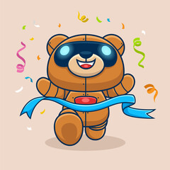 Cute bear robot winning run race. Vector cartoon illustration