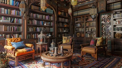 Obraz premium A home library with a colorful, Moroccan-inspired design, featuring vibrant textiles, intricate lanterns, and carved wooden furniture.