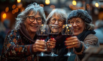 Fototapeta premium Happy senior women drinking red wine at a bar restaurant, enjoying each other's company and laughing together in a city street setting.