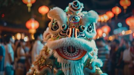 Obraz premium Lion dance performance at night, green and gold lion dance with contributing lights, Ai Generated Images