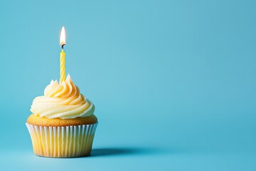Delicious Cupcake with Single Candle Against Blue Background, Perfect for Celebrations and Birthdays