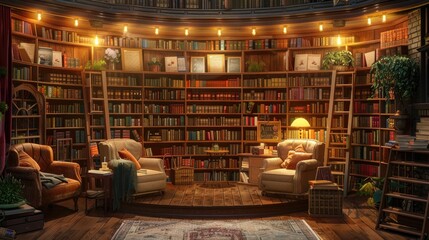 A home library with a cozy, literary cafe design, featuring comfy chairs, warm lighting, and a small stage for readings.
