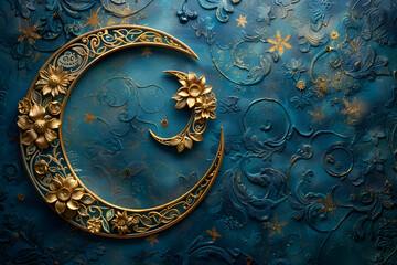 Naklejka premium Golden crescent moon on blue background with colorful flowers.