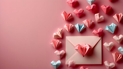 Origami Hearts on Pink Background