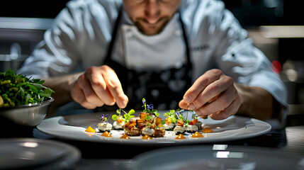 Chef plating gourmet dish with edible flowers