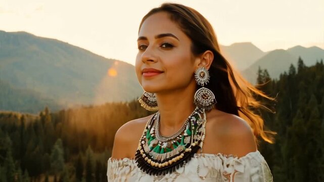 Beautiful native American woman wearing dreamcatcher earrings and necklaces is standing in a meadow forest mountains.