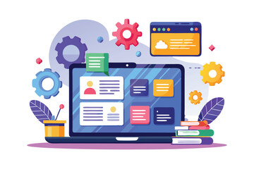 Laptop with colorful web interface and gears, surrounded by books and leaves