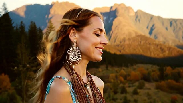 Beautiful native American woman wearing dreamcatcher earrings and necklaces is standing in a meadow forest mountains.