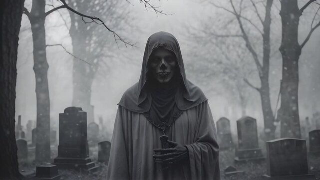 Lich in a Cemetery. A cloaked figure stands silently among tombstones in a foggy graveyard as twilight descends, creating an eerie atmosphere filled with mystery.