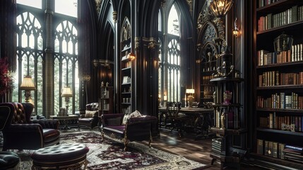 Fototapeta premium A home library with a dramatic, gothic style, featuring dark, ornate furniture, rich fabrics, and tall, arched windows.