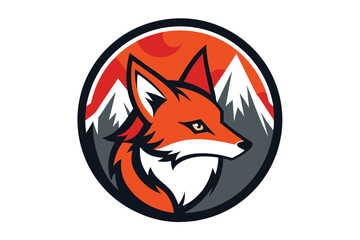 Obraz premium Red Fox Head in Oval with Mountains and Sunset Background