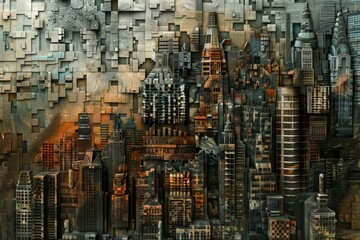 A detailed and intricate cityscape with layers of buildings and structures, AI generated