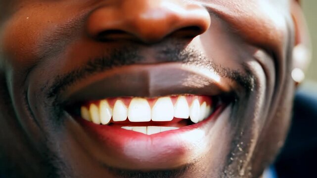 Attractive African American man portrait with white teeth and mustache. Handsome smiling black guy close up. Happy mixed race person face closeup. Ethnic young adult.