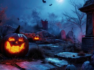 Spooky Halloween scene with pumpkins, bats, and a graveyard under a full moon.