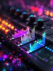 Vibrant DJ sound mixing board with colorful lights and digital equalizer bars. High-tech music production background for creative projects.