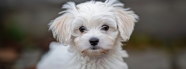  A tight shot of a small white dog expressing sadness, background softly blurred