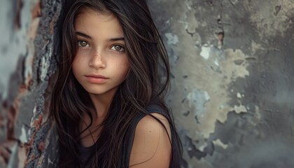 Young Girl With Long Dark Hair Leaning Against a Weathered Wall During Late Afternoon