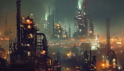 Nighttime View of a Futuristic Industrial Cityscape