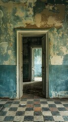 Obraz premium Abandoned building with open doors and cracked tiles.