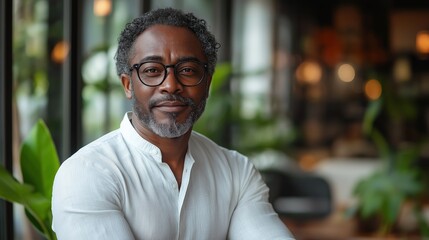Fototapeta premium Confident African American Man in Glasses Indoors, Perfect for Professional or Business Use, Warm and Neutral Tones