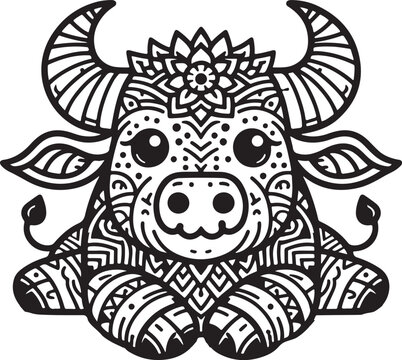 recommend clip art: A beautiful funny buffalo line art design vector.
