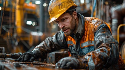 Worker In Protective Gear Inspecting Machinery With Oil Stains In Industrial Workshop During Daytime. Generative AI