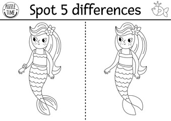 Find differences game for children. Mermaid black and white educational activity with sea princess. Puzzle for kids with girl with tail. Printable line worksheet or coloring page for attention skills