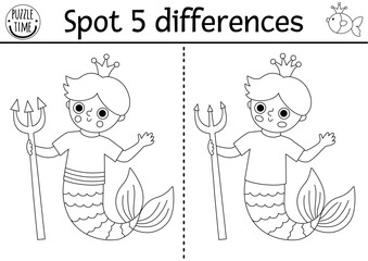 Find differences game for children with merman, trident, crown. Mermaid black and white activity with sea prince, boy, tail. Puzzle for kids. Printable line worksheet or coloring page for attention