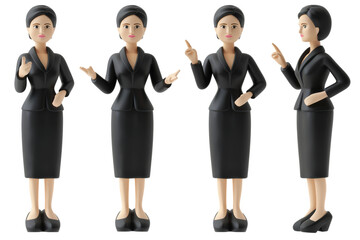 Professional Businesswoman Figurines in Various Poses Wearing Black Suits on White Background
