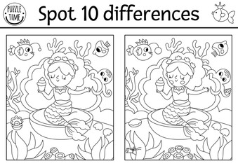 Find differences game for children. Mermaid black and white educational activity with sea princess with cupcake in seashell. Cute puzzle for kids. Printable line worksheet or coloring page