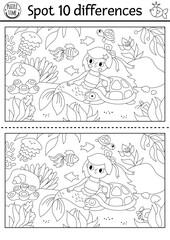 Find differences game. Mermaid black and white educational activity with sea princess with tortoise, underwater scene. Puzzle for kids. Printable line worksheet or coloring page for attention skills