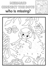 Vector mermaid black and white dot-to-dot activity with sea princess, turtle, underwater scene. Ocean kingdom connect the dots game, coloring page. Marine what is missing printable worksheet